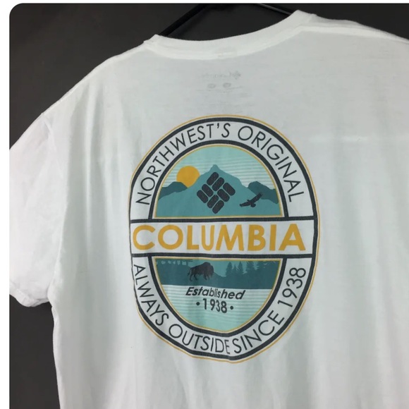 Columbia Mens L White Logo Cotton 2-Sided S/S Graphic Tee - Picture 1 of 4